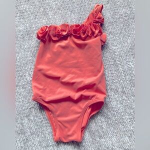 Baby GAP Coral Rosette Ruffle Bathing Suit, One Shoulder Swimsuit, 18-24 months